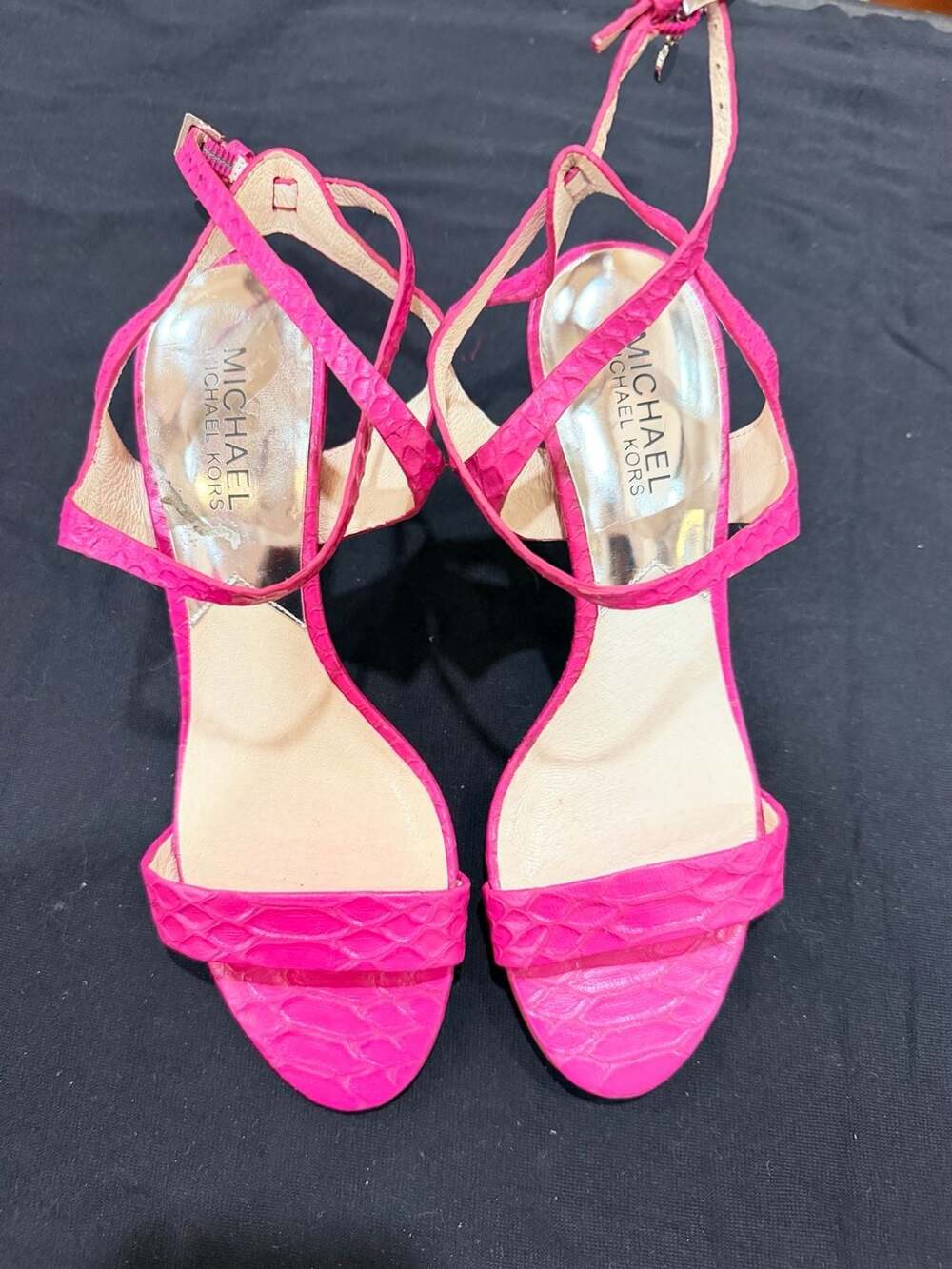 Michael Kors Kaylee Mid Fuxia Pink Embossed Leather Strappy Sandals